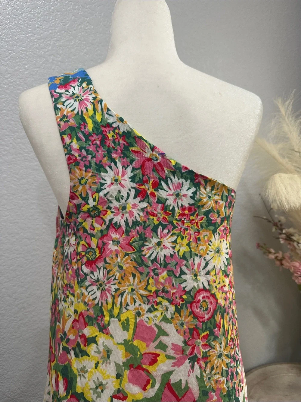 Anthropologie One-Shoulder Floral Maxi Dress in Pink, Yellow, Blue, Green